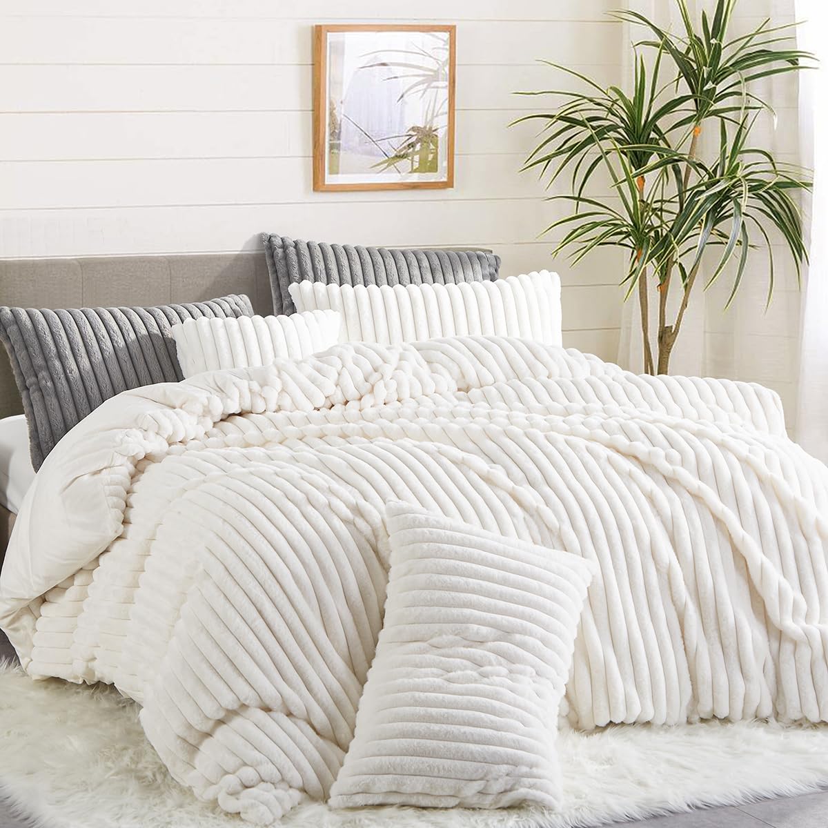 Nayoroom Fluffy Faux Fur Duvet Cover King Size Velvet Flannel White Striped Reversible Comforter Cover Winter Warm 3 Pcs Luxury